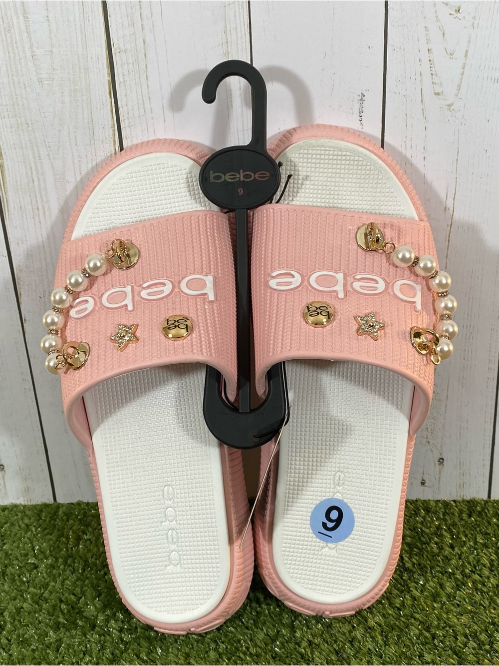 Bebe Malaga Lounging Slides Slippers Women SZ 9 Pink Pearls Charm Outdoor Indoor